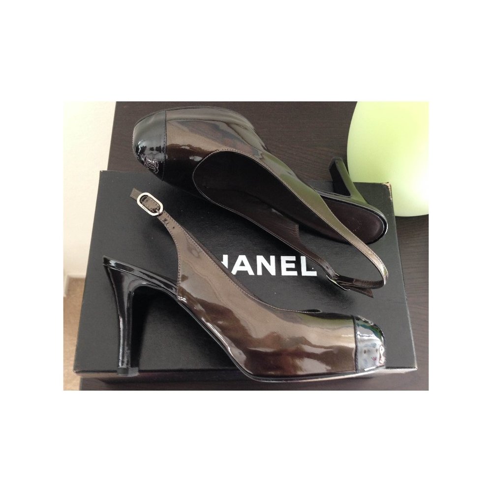 Auth Chanel CC LOGO TOE bronze w/ black slingback pumps box bags SZ 7 US 37 EU - Picture 4 of 11